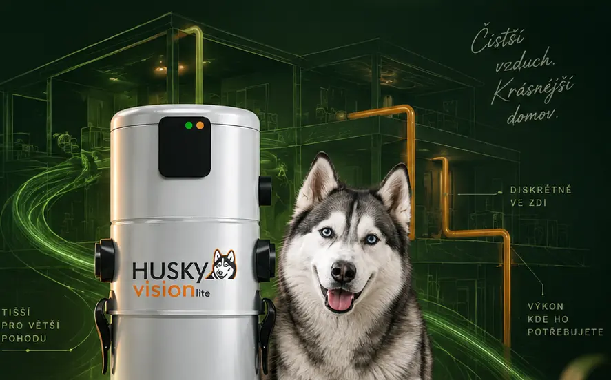 Sací jednotka HUSKY VISION, pes husky a technický nákres centrálního vysávání