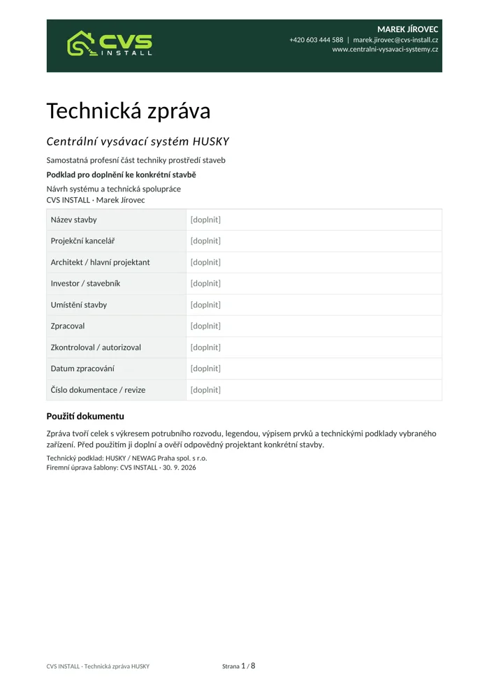 Titulní strana technické zprávy CVS INSTALL s údaji stavby k doplnění